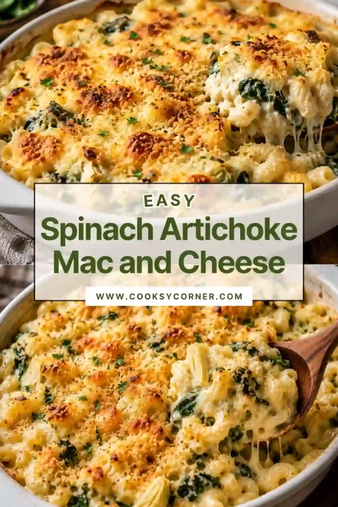 Creamy Spinach Artichoke Mac and Cheese with tender pasta, chopped spinach, artichoke hearts, and melted cheese. The pasta is finished with a bubbly golden cheese topping.