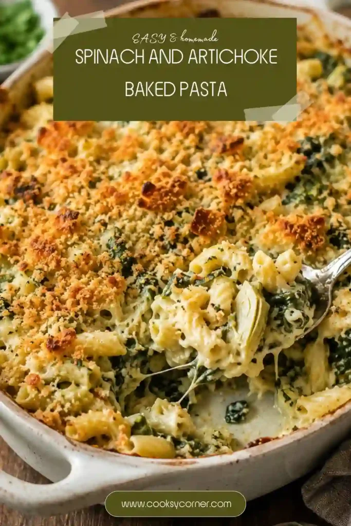 A serving of Spinach and Artichoke Baked Pasta with tender pasta and vegetables in a creamy cheese sauce. The easy baked pasta is topped with buttery Parmesan cracker crumbs.