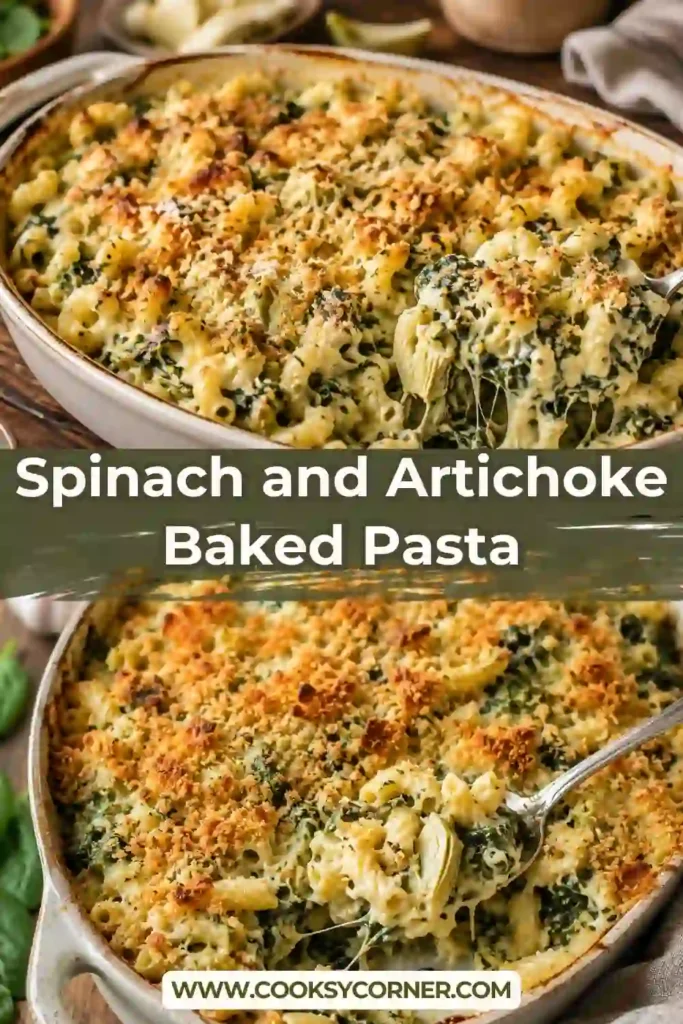 Creamy spinach artichoke pasta bake fresh from the oven with bubbling cheese and a crunchy golden topping. Tender pasta is coated in a rich spinach, artichoke, mozzarella, and cream cheese sauce.