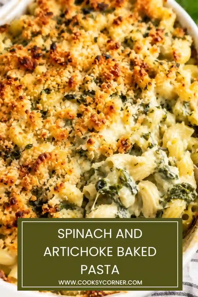 Spinach and Artichoke Baked Pasta served warm with creamy cheese sauce, spinach, and tender artichoke hearts. The vegetarian pasta casserole is finished with a crisp golden Parmesan cracker topping.