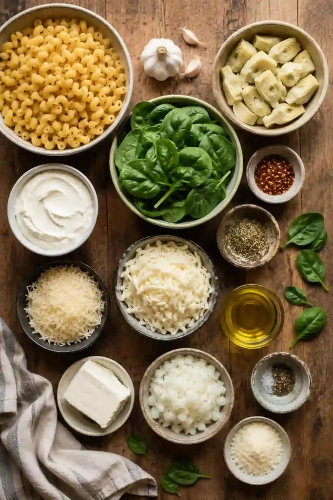 Cheesy spinach pasta casserole baked until creamy and bubbling with golden crumbs on top. Spinach, artichoke hearts, mozzarella, and pasta create a comforting vegetarian dinner.
