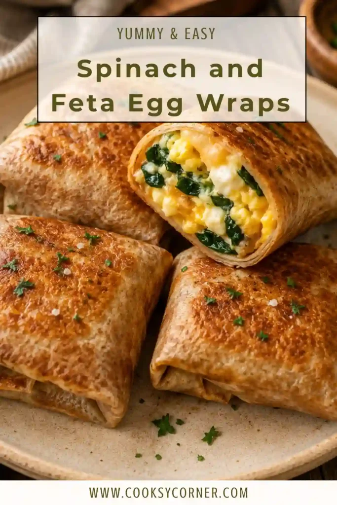 Freezer-friendly Spinach and Feta Egg Wraps sliced in half, revealing fluffy eggs and fresh spinach inside whole-wheat tortillas.