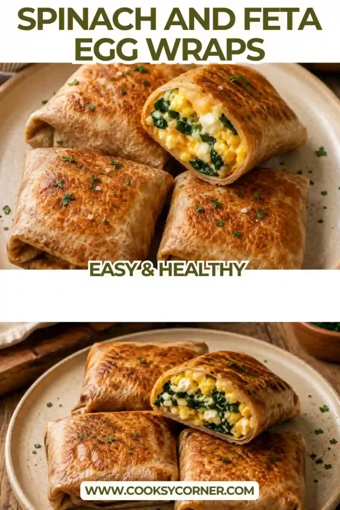 Healthy breakfast wraps stuffed with scrambled eggs, spinach, feta cheese, and pesto on a wooden serving board