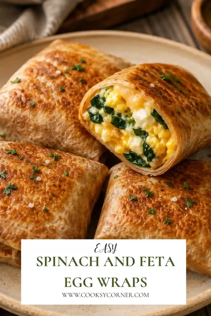 Fresh Spinach and Feta Egg Wraps filled with fluffy scrambled eggs, wilted spinach, creamy feta, and pesto wrapped in whole-wheat tortillas.