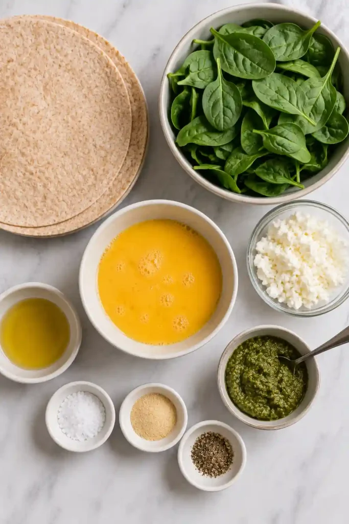 Homemade breakfast meal prep wraps with eggs, spinach, feta, and pesto served warm with fresh herbs