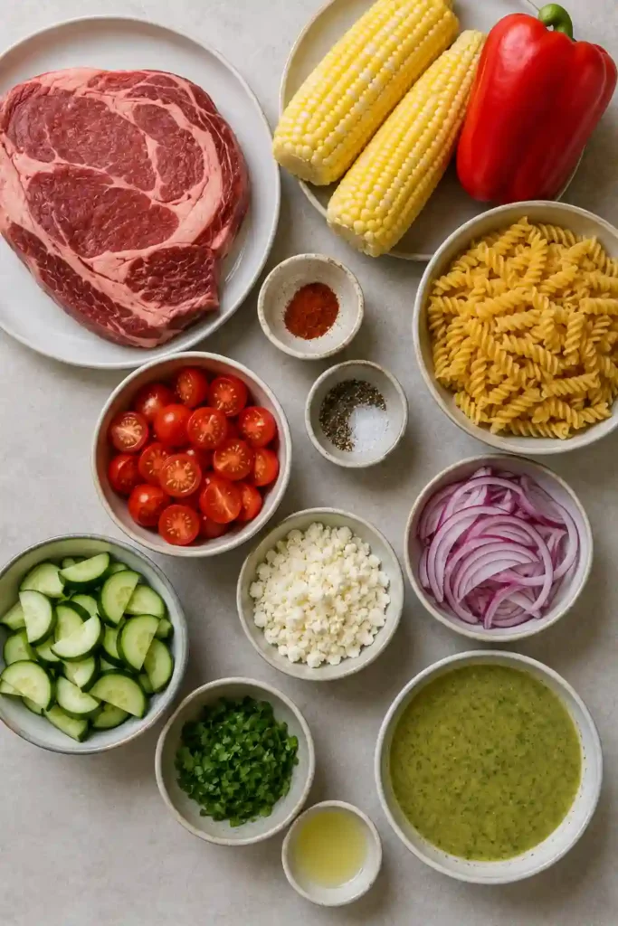 Summer pasta salad with sliced grilled steak, sweet corn, red peppers, tomatoes, cucumber, red onion, and cotija. Fresh cilantro adds color to the hearty steak salad.