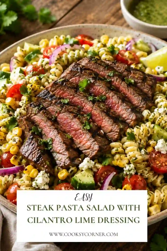 A colorful Steak Pasta Salad filled with juicy grilled steak, spiral pasta, corn, cucumber, tomatoes, red onion, and crumbled cotija. Cilantro lime vinaigrette coats the ingredients