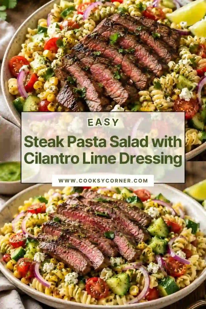 Steak Pasta Salad with grilled ribeye, fusilli, charred corn, red pepper, cherry tomatoes, cucumber, and cotija cheese. Fresh cilantro and lime dressing add a bright finish.