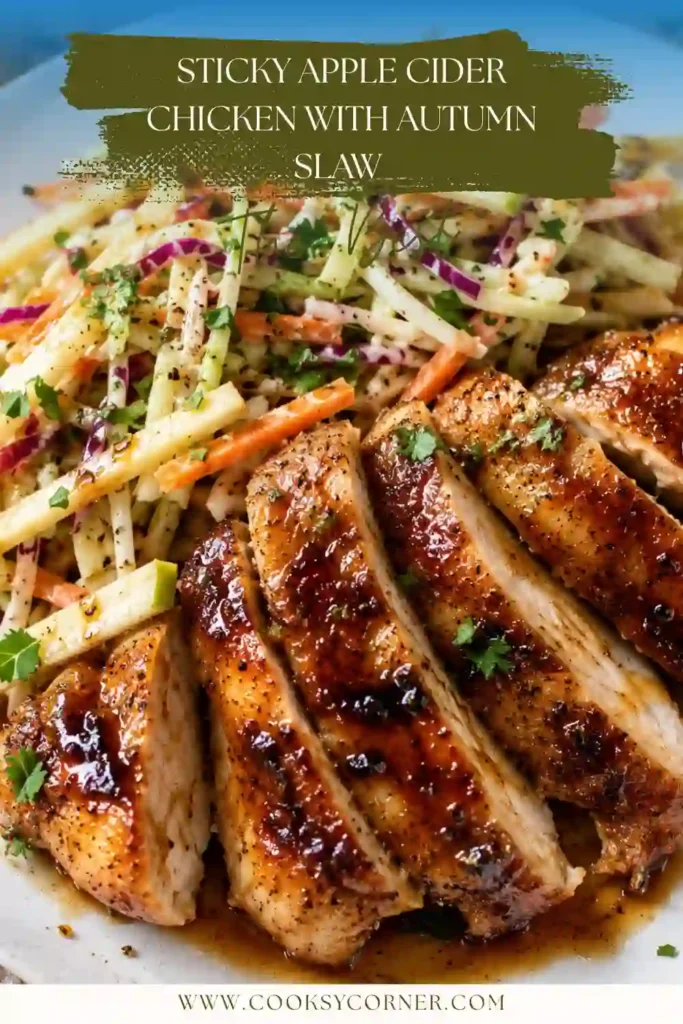 Sticky honey apple cider chicken served with autumn apple slaw made from crisp apples, carrots, celery, and red onion. The chicken has a shiny caramelized glaze.