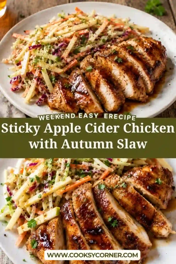 Apple cider glazed chicken thighs with caramelized edges served beside crunchy apple slaw. The fall chicken dinner combines honey cider chicken with fresh seasonal vegetables.