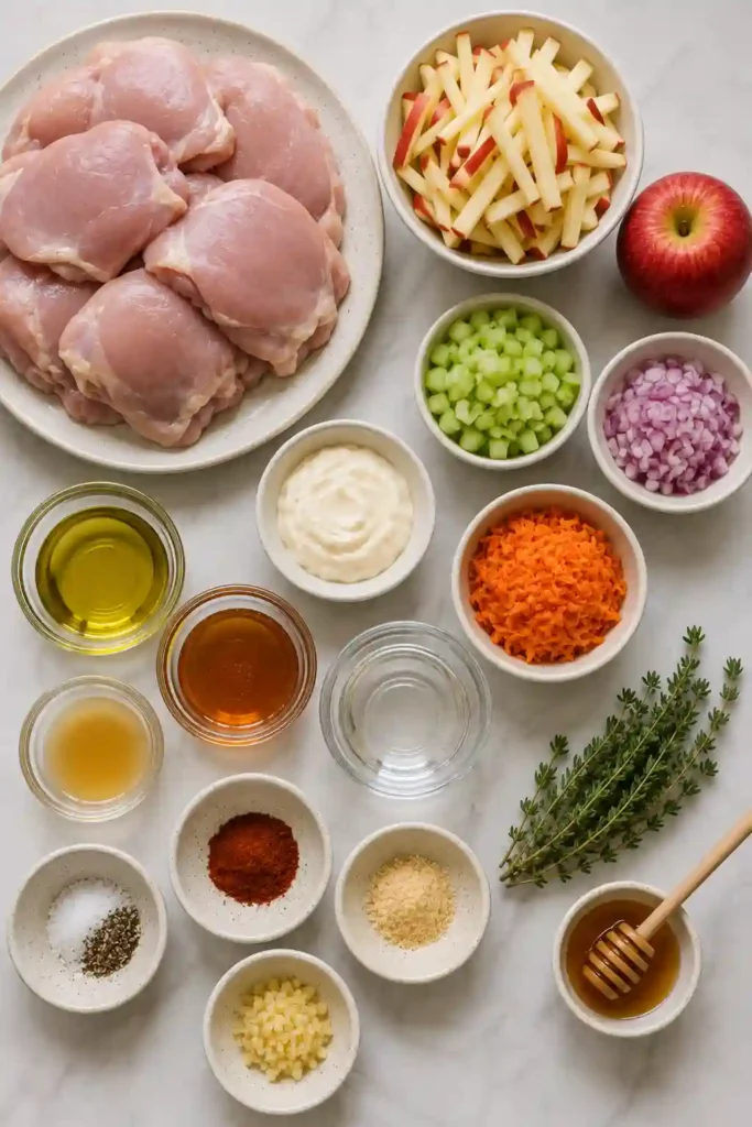 Easy fall chicken dinner with apple cider glazed chicken thighs and creamy autumn apple slaw. The golden chicken is coated in sticky cider sauce and served with fresh crunchy vegetables.