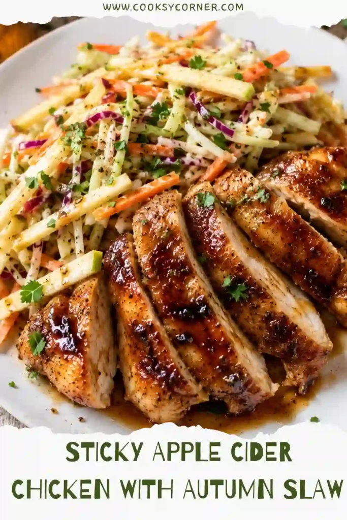 Sticky Apple Cider Chicken with Autumn Slaw featuring golden chicken thighs coated in a glossy honey apple cider glaze. Crisp apple, carrot, celery, and red onion slaw is served alongside the chicken.Sticky apple cider chicken served with fresh autumn apple slaw.