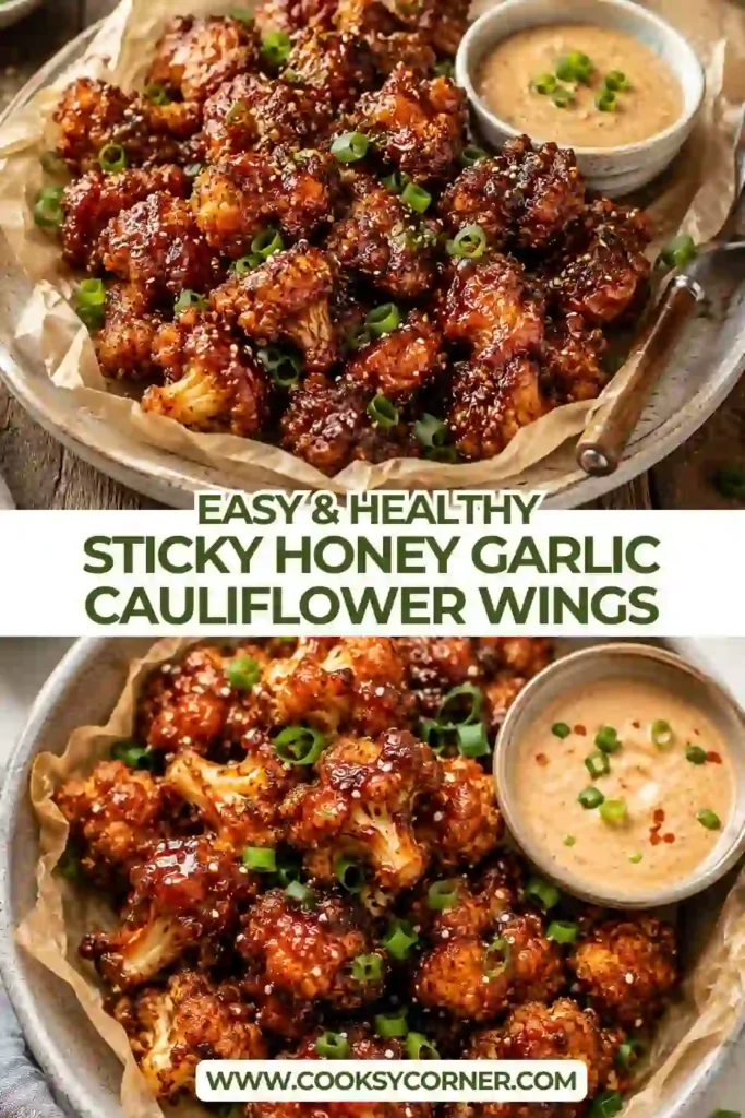 Crispy air fryer cauliflower wings covered in sticky honey garlic sauce with sesame seeds and fresh green onions. Golden breadcrumb-coated cauliflower gives each bite a crunchy exterior and tender center.