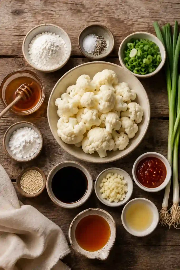 Vegetarian cauliflower wings with crispy panko coating and sticky honey garlic glaze. The golden cauliflower bites are garnished with green onions and sesame seeds and served with spicy ranch.