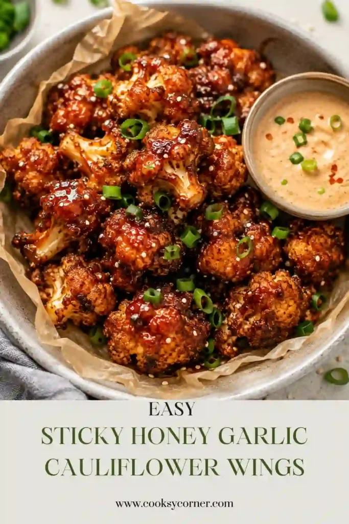 Sticky Honey Garlic Cauliflower Wings coated in a glossy sweet and savory sauce and topped with sesame seeds and sliced green onions. The crispy cauliflower wings are served with creamy spicy ranch dipping sauce.