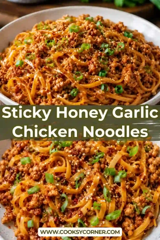 3. Homemade sticky chicken noodles prepared with ground chicken, coleslaw vegetables, honey garlic sauce, and chewy knife-cut noodles. Toasted sesame seeds and fresh scallions finish the dish.