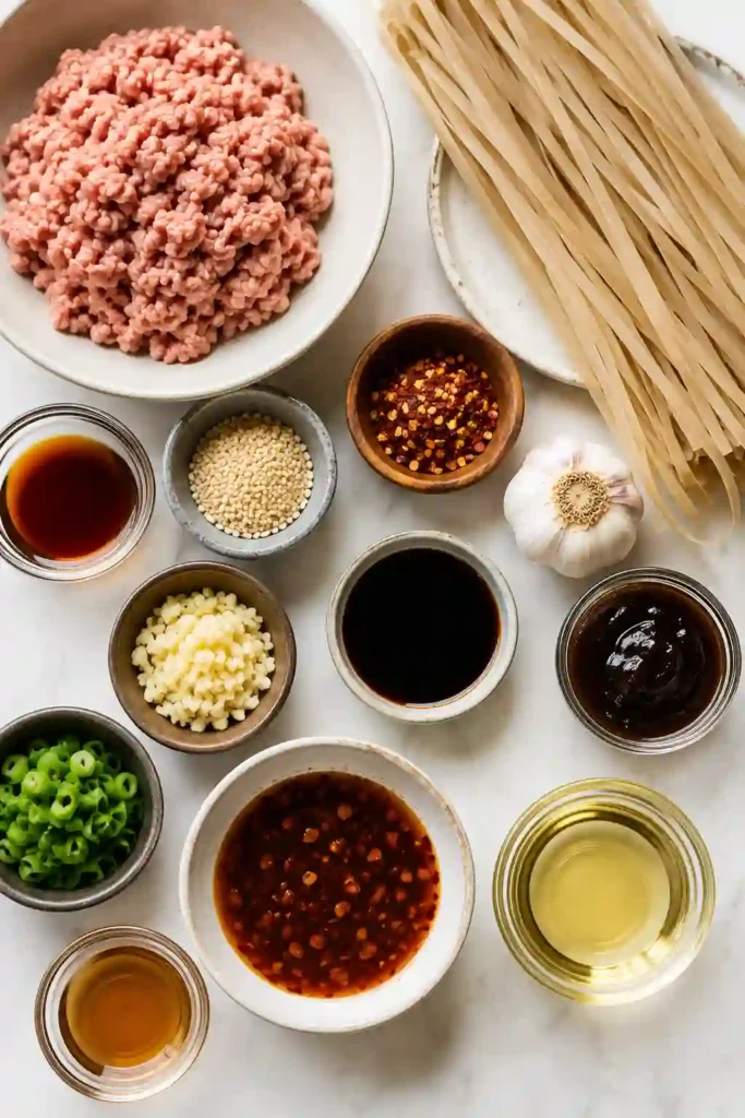 4. Spicy honey garlic noodles with browned chicken and tender-crisp vegetables served in a bowl. The noodles are coated in a glossy sweet, savory, and spicy sauce.