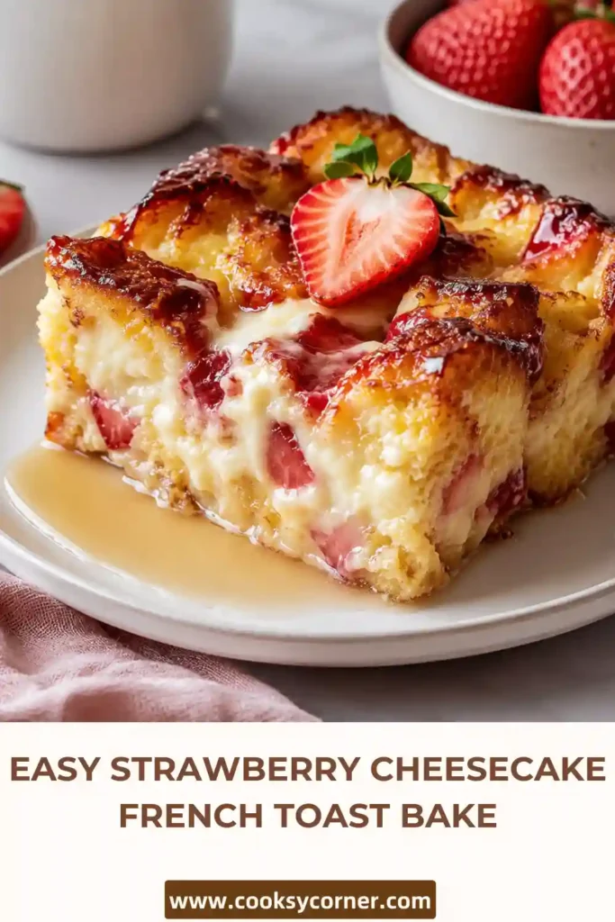 Homemade strawberry French toast casserole layered with brioche, fresh strawberries, and creamy cheesecake filling. The baked breakfast casserole is golden on top with a soft custard interior.