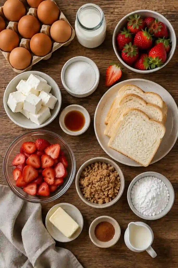 Overnight French toast bake made with buttery brioche, strawberries, cream cheese filling, and cinnamon custard. The golden strawberry breakfast casserole is served warm with strawberry-maple syrup.