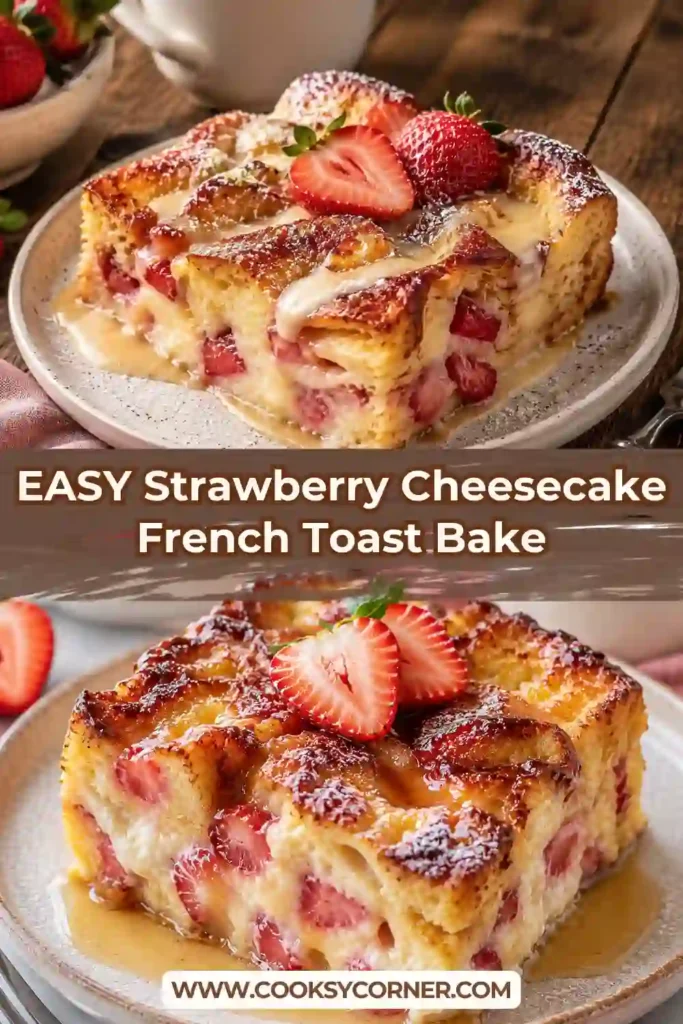 A warm slice of Strawberry Cheesecake French Toast Bake topped with juicy strawberries and sweet strawberry syrup. Thick brioche and cream cheese create a rich, custardy brunch casserole.