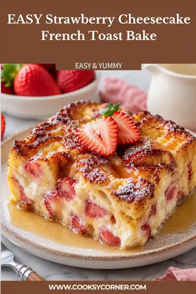 Strawberry Cheesecake French Toast Bake served warm with fresh strawberries and strawberry-maple syrup. The golden brioche casserole has a creamy cheesecake and cinnamon-custard center.