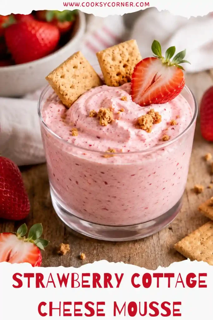 Healthy strawberry mousse made with blended cottage cheese and fresh strawberries. This high protein dessert is served chilled with juicy strawberry slices on top.