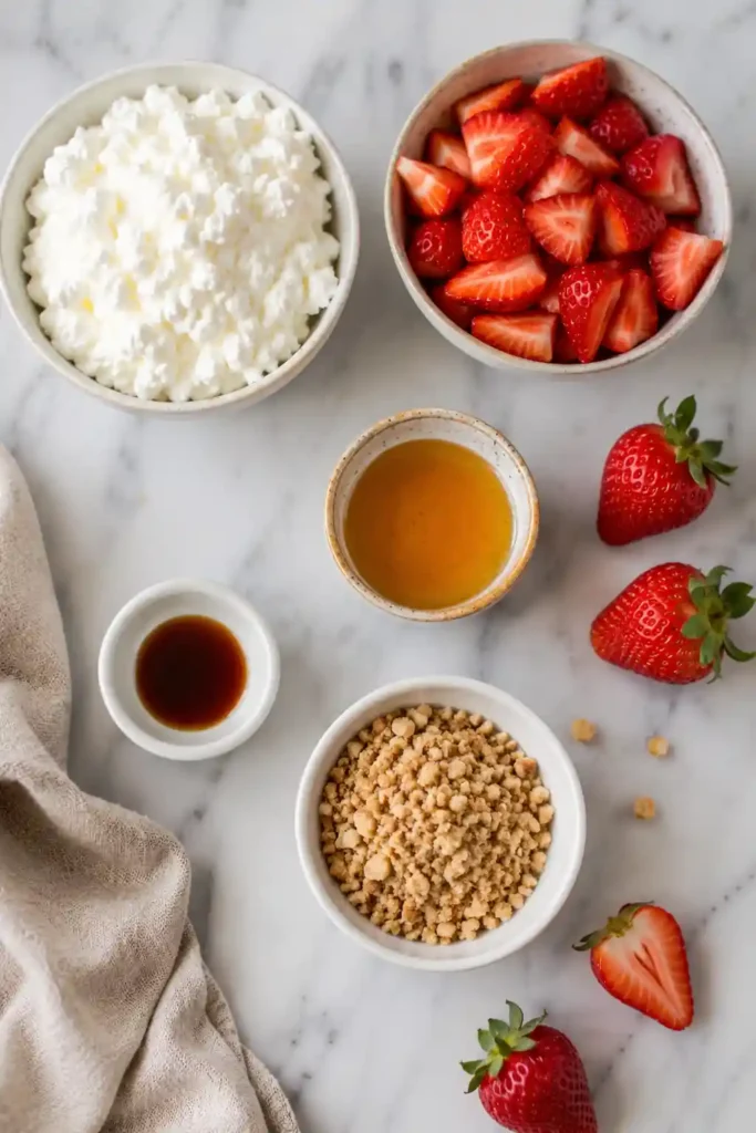 Smooth cottage cheese dessert blended with strawberries, honey, and vanilla until creamy. The pink Strawberry Cottage Cheese Mousse is finished with fresh berries and a crunchy topping.