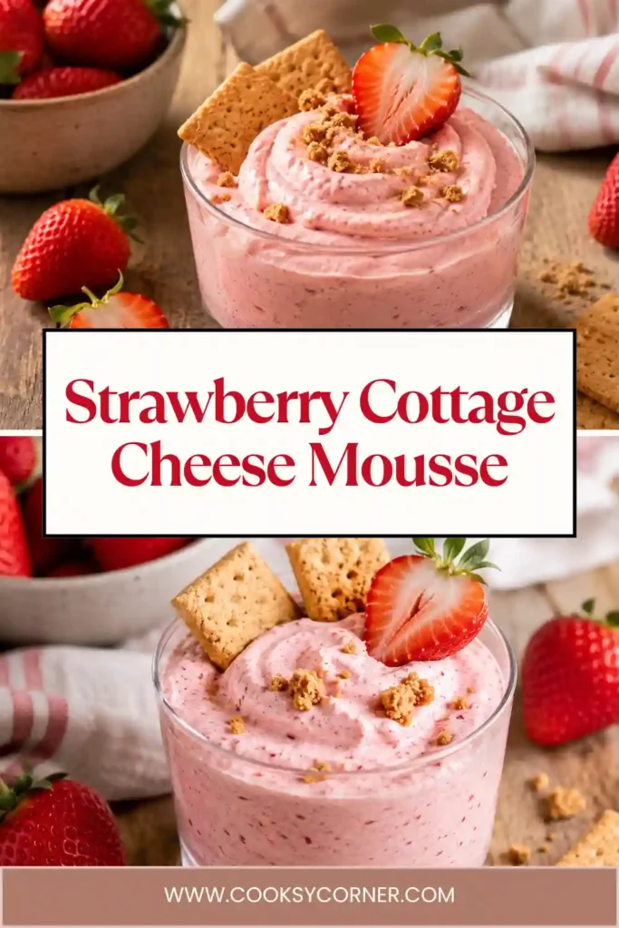 Homemade Strawberry Cottage Cheese Mousse topped with sliced strawberries and crunchy granola. The creamy no bake dessert is made with cottage cheese, fresh berries, honey, and vanilla.