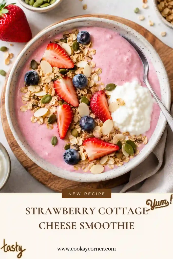 A healthy Strawberry Cottage Cheese Smoothie Bowl served with fresh berries, banana slices, chia seeds, and almonds on a light wooden table.