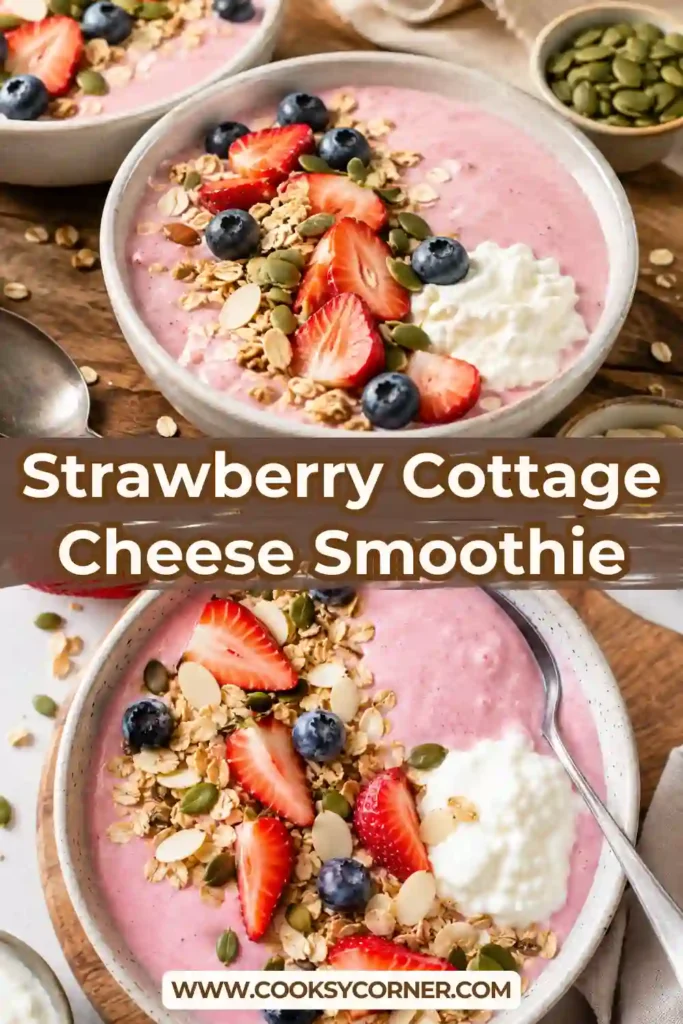Close-up of a Strawberry Cottage Cheese Smoothie Bowl garnished with sliced strawberries, granola, Greek yogurt, and mixed seeds.