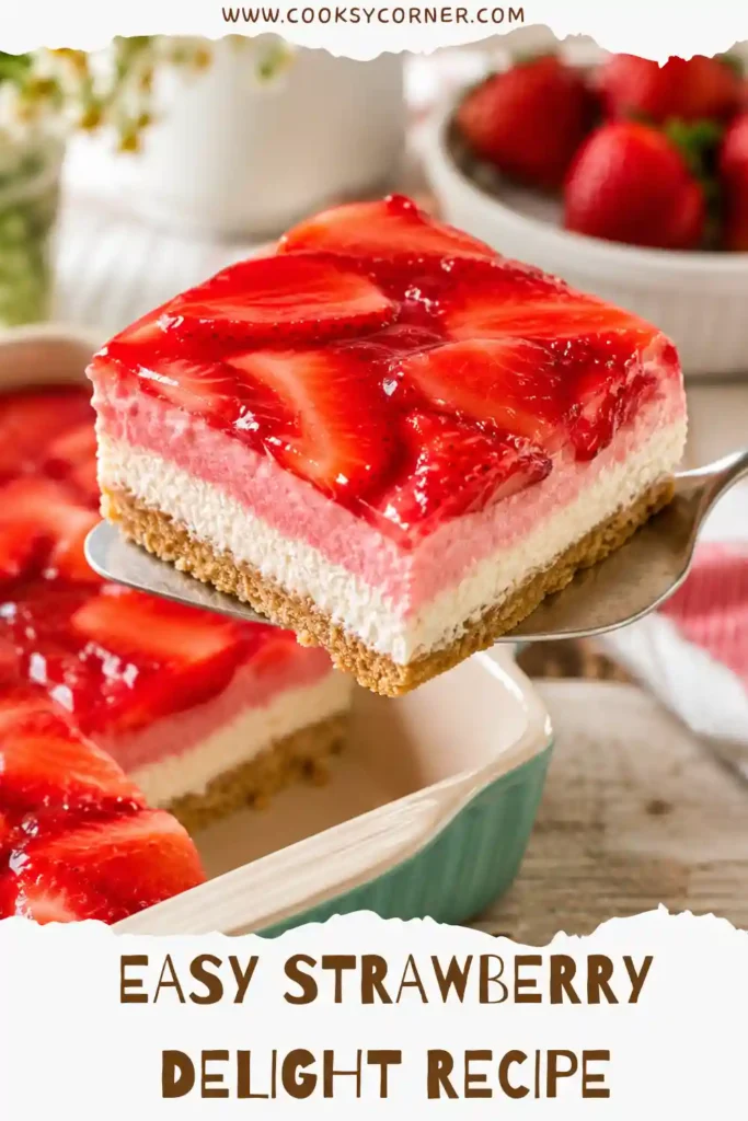 Homemade no bake Strawberry Delight served cold with fresh sliced berries. Creamy strawberry and vanilla layers sit over a golden graham cracker crust.