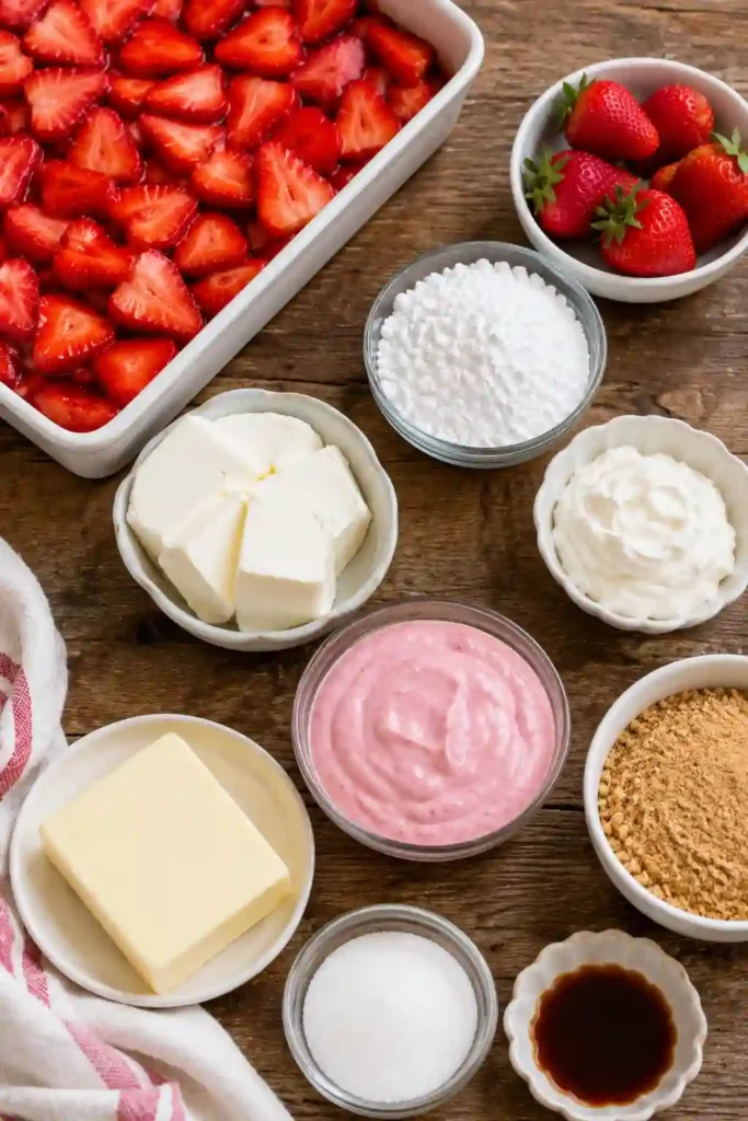 Easy Strawberry Delight featuring fresh strawberries, fluffy cream cheese filling, and a buttery crumb crust. The colorful layers make this a refreshing summer strawberry dessert.