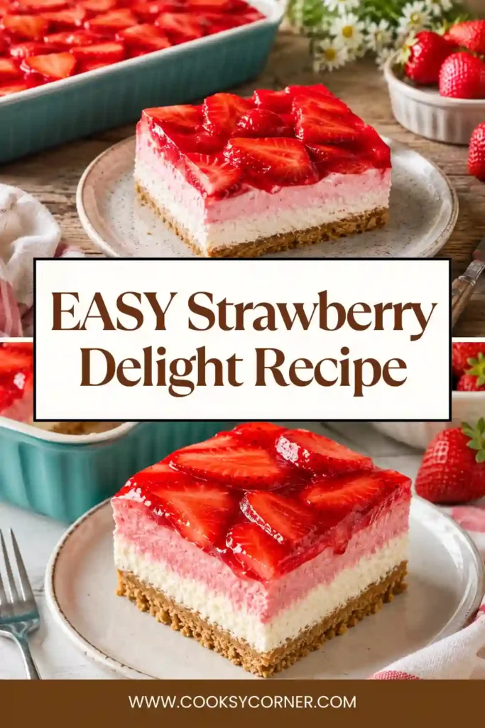 A chilled slice of Strawberry Delight topped with juicy fresh strawberries. The strawberry cream cheese dessert features a buttery graham cracker base and fluffy layered filling.