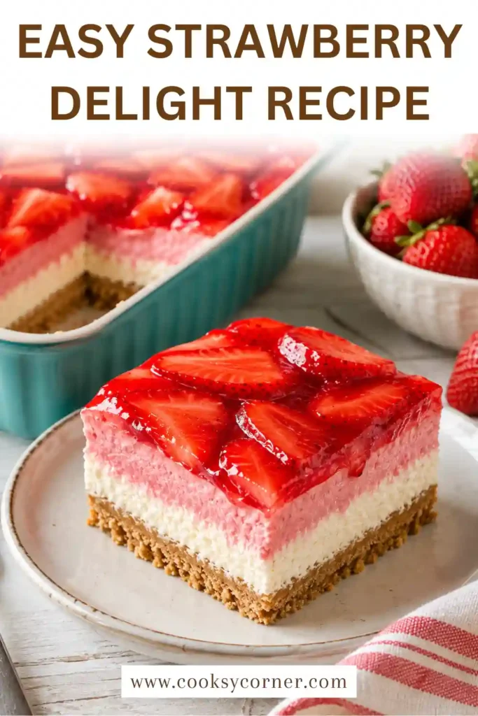 Strawberry Delight with layers of graham cracker crust, creamy filling, and sliced fresh strawberries. This no bake strawberry dessert has a light, creamy texture with bright berry flavor.