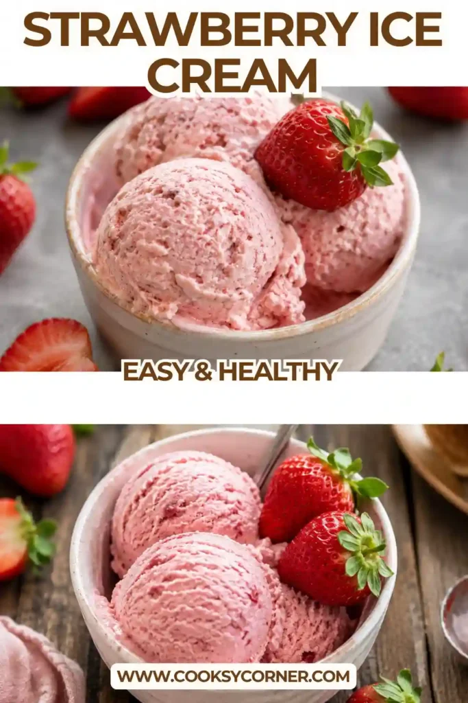 Homemade Strawberry Ice Cream with a creamy pink texture and fresh strawberry flavor served in a bowl. Roasted strawberries, condensed milk, and whipped cream create this easy no-churn frozen dessert.