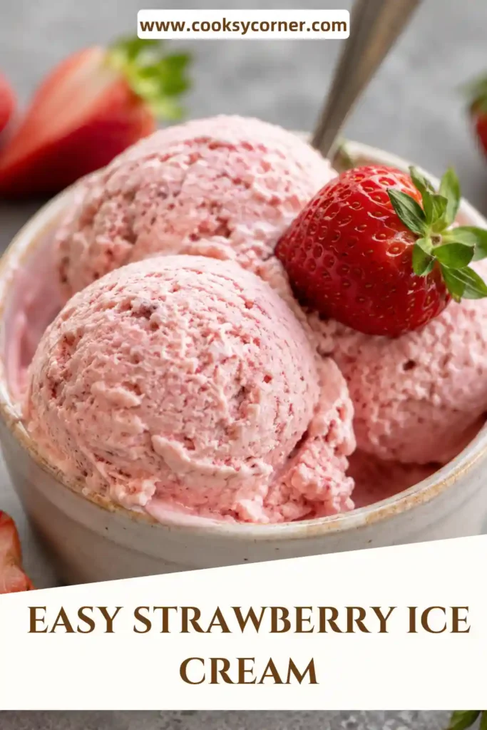 Scoops of fresh strawberry ice cream served in a chilled dessert bowl with ripe strawberries alongside. The smooth, creamy texture comes from whipped cream and sweetened condensed milk.