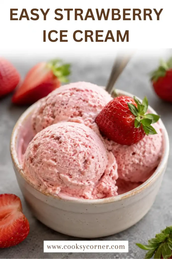 Creamy no-churn strawberry ice cream topped with sliced fresh strawberries. The naturally pink homemade ice cream is made with roasted ripe strawberries and whipped cream.
