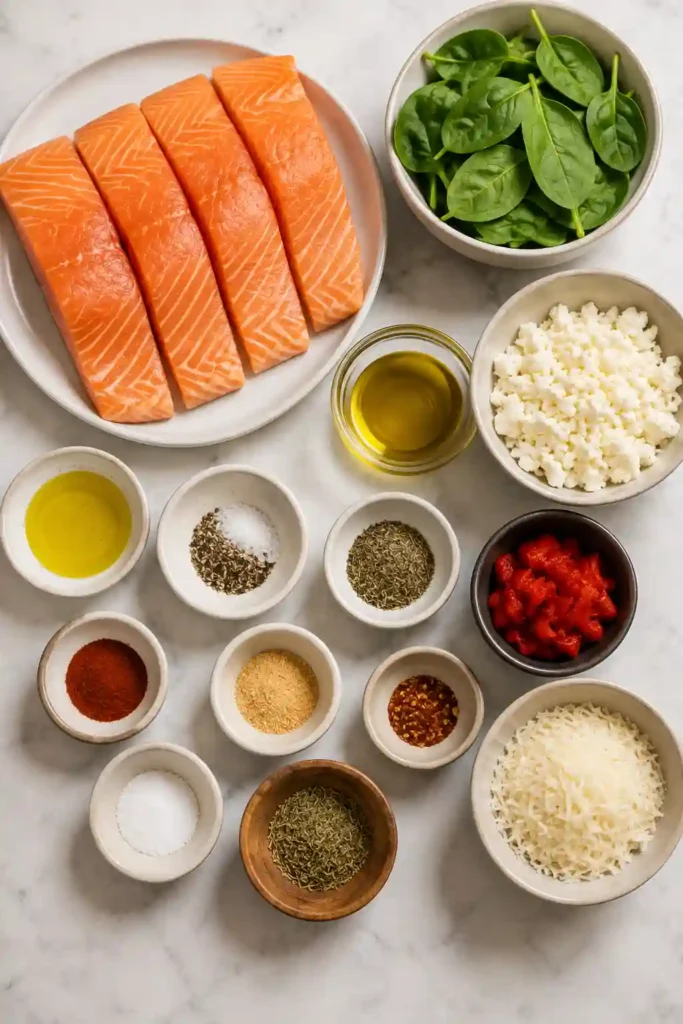 Mediterranean stuffed salmon with a creamy spinach and feta filling, Parmesan cheese, and roasted red peppers. The flaky baked salmon makes an easy and colorful seafood dinner.