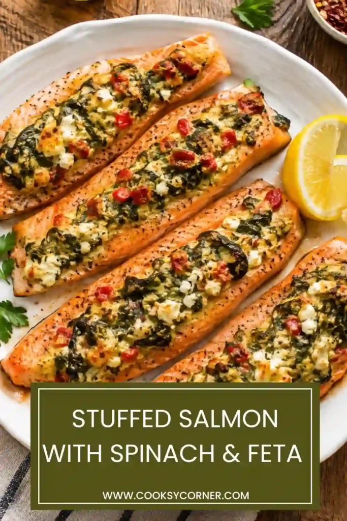 Baked stuffed salmon filled with spinach, crumbled feta, Parmesan, and chopped roasted red peppers. The tender salmon fillet has a colorful savory filling and Mediterranean-inspired flavors.