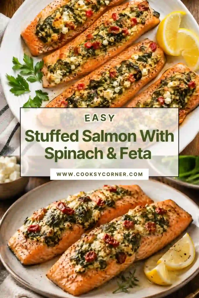 Spinach feta stuffed salmon baked until tender with a creamy cheese and roasted red pepper filling. Fresh spinach and colorful peppers contrast with the golden pink salmon.