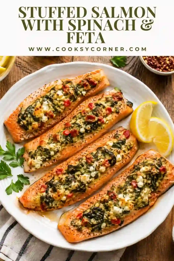 Stuffed Salmon With Spinach & Feta filled with creamy feta, Parmesan, wilted spinach, and roasted red peppers. The baked salmon is tender and flaky with a colorful Mediterranean-inspired filling.