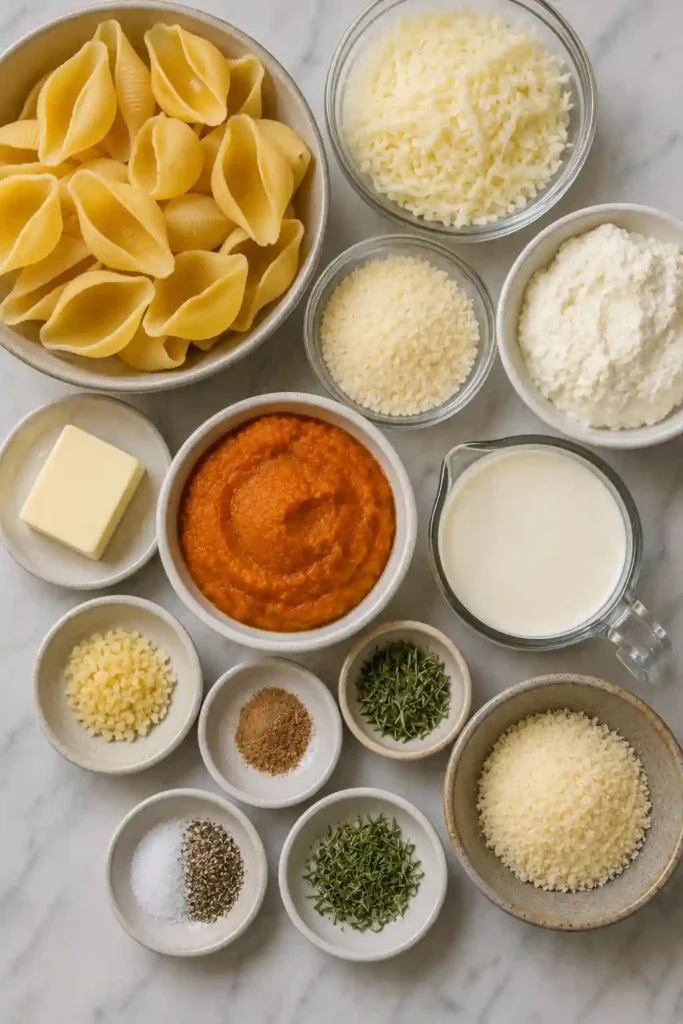 Creamy pumpkin pasta featuring jumbo shells stuffed with ricotta, mozzarella, and Parmesan. The baked shells are surrounded by a savory rosemary pumpkin cream sauce.
