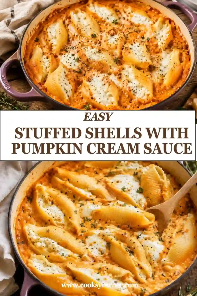 Cheese stuffed jumbo pasta shells baked in pumpkin cream sauce with Parmesan, garlic, rosemary, and nutmeg. The sauce is smooth, creamy, and golden orange.