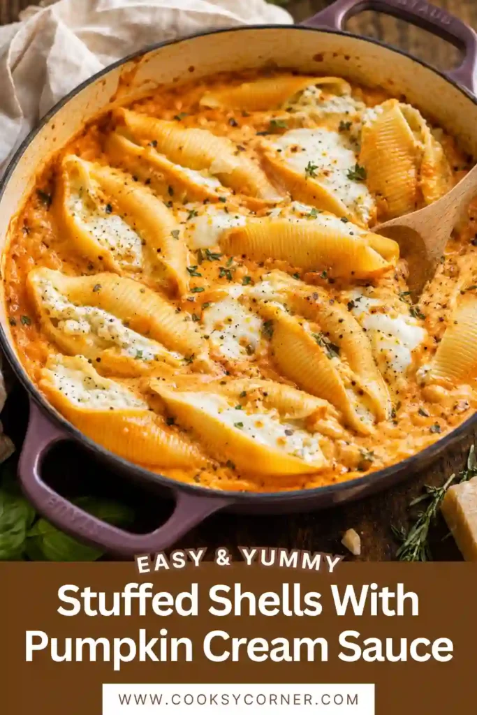 Pumpkin stuffed shells filled with three cheeses and nestled in a creamy garlic pumpkin sauce. Melted mozzarella and fresh rosemary top the baked pasta.