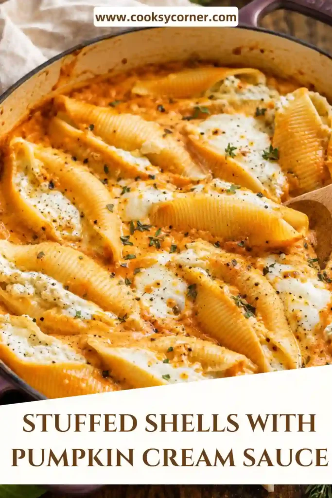 Stuffed Shells With Pumpkin Cream Sauce filled with ricotta, mozzarella, and Parmesan and baked in a creamy savory pumpkin sauce. Fresh rosemary adds a colorful autumn-inspired finish.