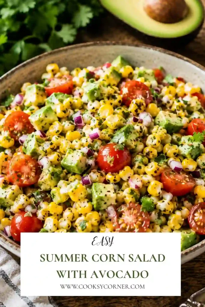 Fresh avocado corn salad made with juicy tomatoes, crisp cucumber, sweet corn, and herbs in a zesty homemade lime vinaigrette. A delicious gluten-free salad ideal for BBQs and picnics.