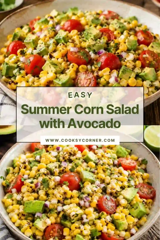 A vibrant bowl of Summer Corn Salad with Avocado featuring sweet corn, cherry tomatoes, cucumber, red onion, and creamy avocado tossed in a fresh lime dressing. This healthy summer salad is colorful, refreshing, and perfect for warm-weather meals.