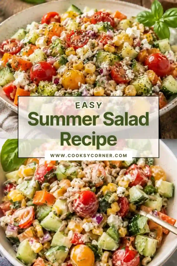 Easy Summer Salad made with crisp vegetables, creamy goat cheese, sweet corn, and homemade dressing. This refreshing side dish is ideal for family dinners and summer entertaining.