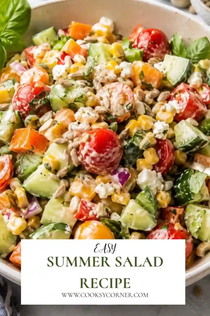 Fresh vegetable salad served in a large bowl with tomatoes, cucumber, corn, red onion, goat cheese, and sunflower seeds. A delicious vegetarian salad for picnics and backyard barbecues.