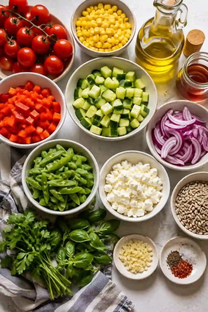 Healthy Summer Salad with cucumber, tomatoes, corn, herbs, sunflower seeds, and tangy vinaigrette. A colorful and nutritious salad ready in only 15 minutes.